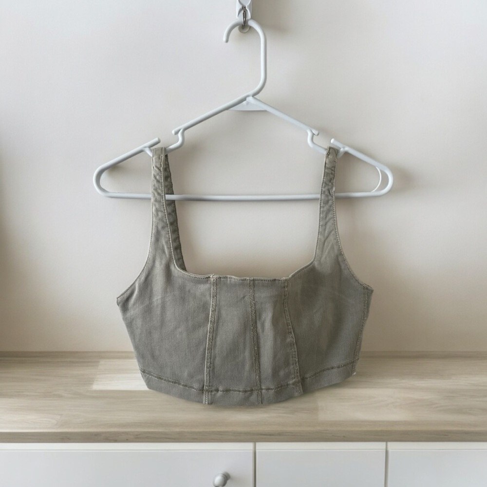 Zara Womens Medium Gray Denim Crop Top Going Out Shirt - New Without Tags